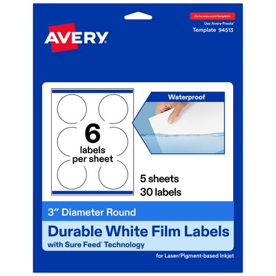 Avery Laser/Inkjet Round Multipurpose Labels, 3 Dia., White, 30 Labels/Pack (94513)