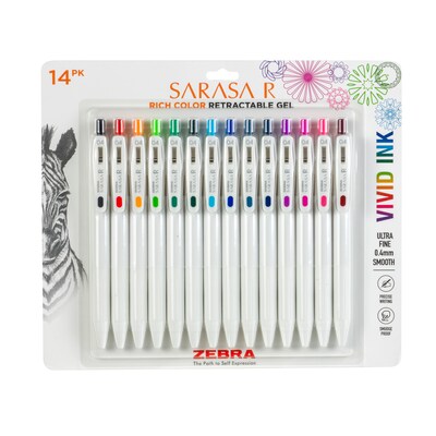 Zebra Sarasa R Retractable Gel Pen, Extra Fine Point, 0.4mm, Assorted Ink, 14/Pack (47714)