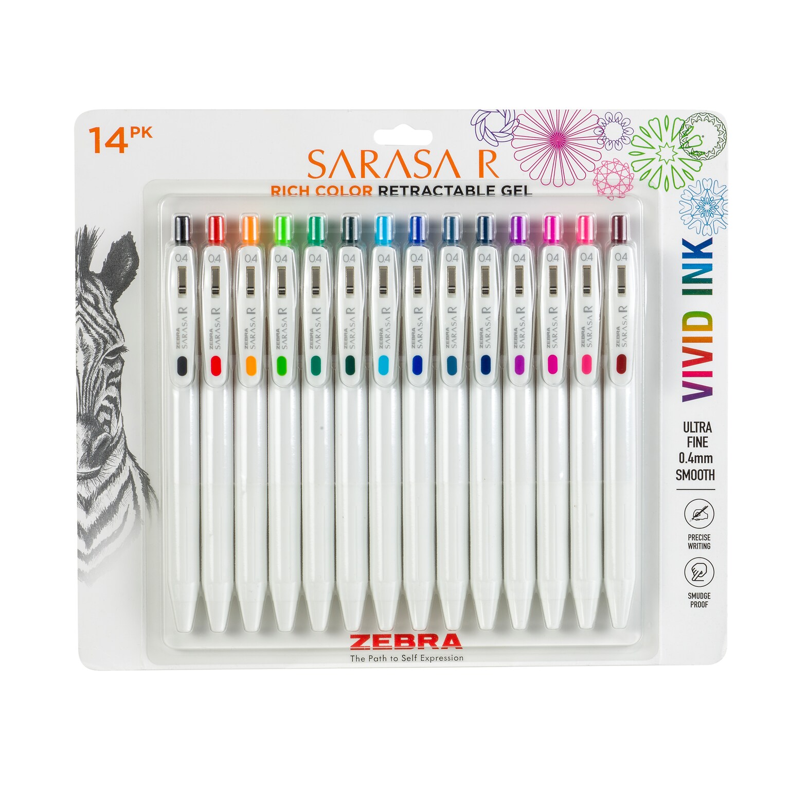 Zebra Sarasa R Retractable Gel Pen, Extra Fine Point, 0.4mm, Assorted Ink, 14/Pack (47714)