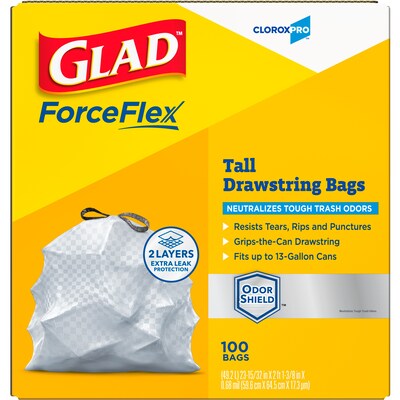 Glad ForceFlex Tall 13 Gallon Drawstring Kitchen Trash Bag, Grey, 100 Total Bags (70427)