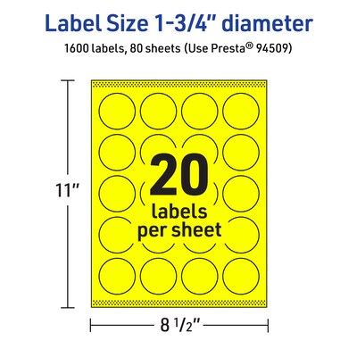 Avery Laser/Inkjet Round Multipurpose Labels, 1.75" Dia., Neon Yellow, 1600/Box (94509)
