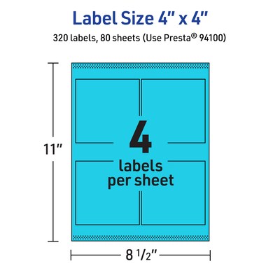 Avery Printable Square Multipurpose Labels, 4" x 4", Bright Blue, 320/Box (94100)