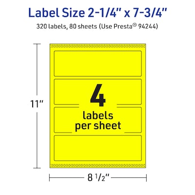 Avery Rectangle Laser/Inkjet Multipurpose Labels, 2.25" x 7.75", Neon Yellow (320/Box)