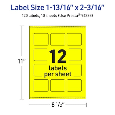 Avery Rectangle Laser/Inkjet Multipurpose Labels, 1-13/16" x 2-3/16", Neon Yellow (120/Pack)