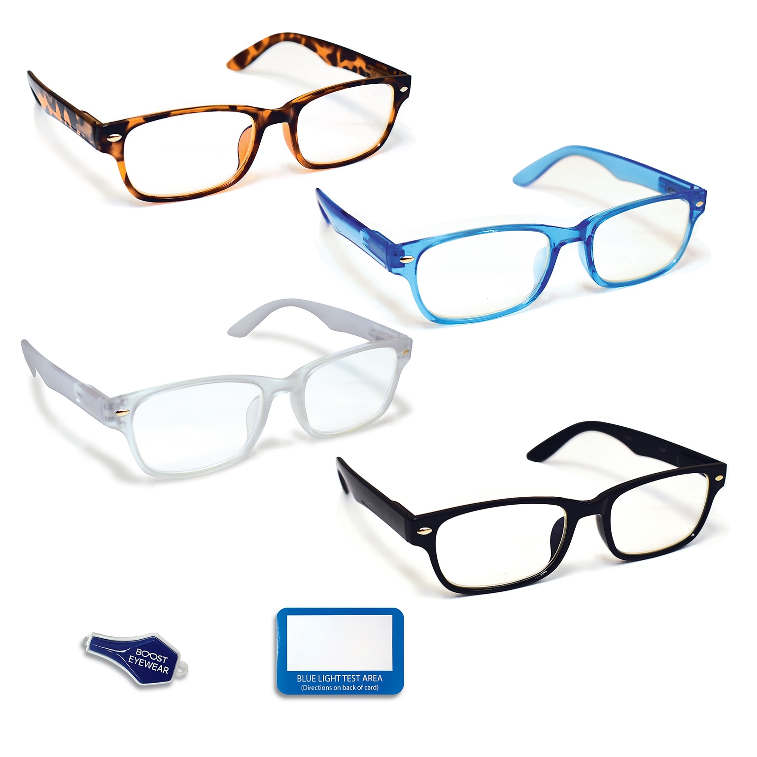 Boost Eyewear Reading Glasses Blue Light Blockers +0.0 Rectangular Frames Assorted Colors (20000-4PK)