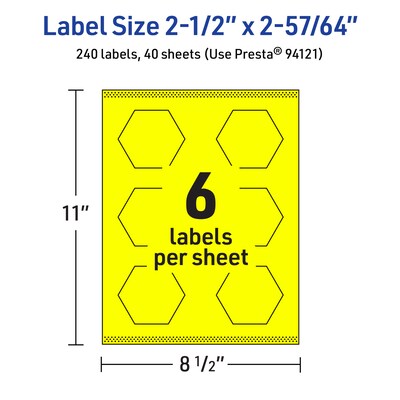 Avery Hexagon Laser/Inkjet Multipurpose Labels, 2-1/2" x 2-57/64", Neon Yellow (240/Box)