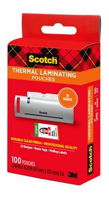 Scotch® ID Badge Size Thermal Laminating Pouches, 5 mil, Clear, 100/Pack (TP5852100)