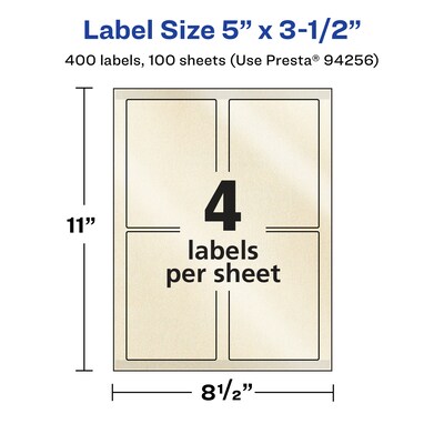 Avery Pearlized Ivory Rectangle Multipurpose Labels, 5" x 3.5", Ivory, 400/Box (94256)