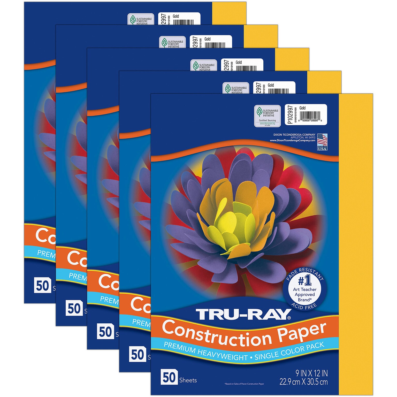 Tru-Ray 9 x 12 Construction Paper, Gold, 50 Sheets/Pack, 5 Packs/Bundle (PAC102997-5)