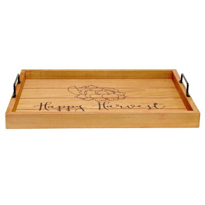 Elegant Designs "Happy Harvest" Decorative Wood Serving Tray w/ Handles, 15.50" x 12", Natural Wood (HG2000-NHH)