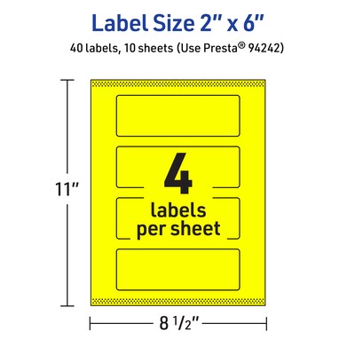 Avery Laser/Inkjet Multipurpose Rectangle Labels, 2" x 6", Neon Yellow, 40/Pack (94242)