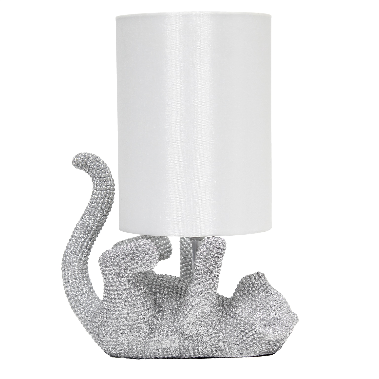 Lalia Home 12.6 Diamond Studded Rhinestone Look Kitty Cat Feline Nightstand Lamp, Faux Silk Fabric Shade, Silver (LHT-3002-SL)