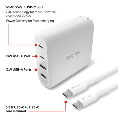 Staples TECH GaN USB-A/USB-C Wall Charger with Cable, 100W, White (ST62314)