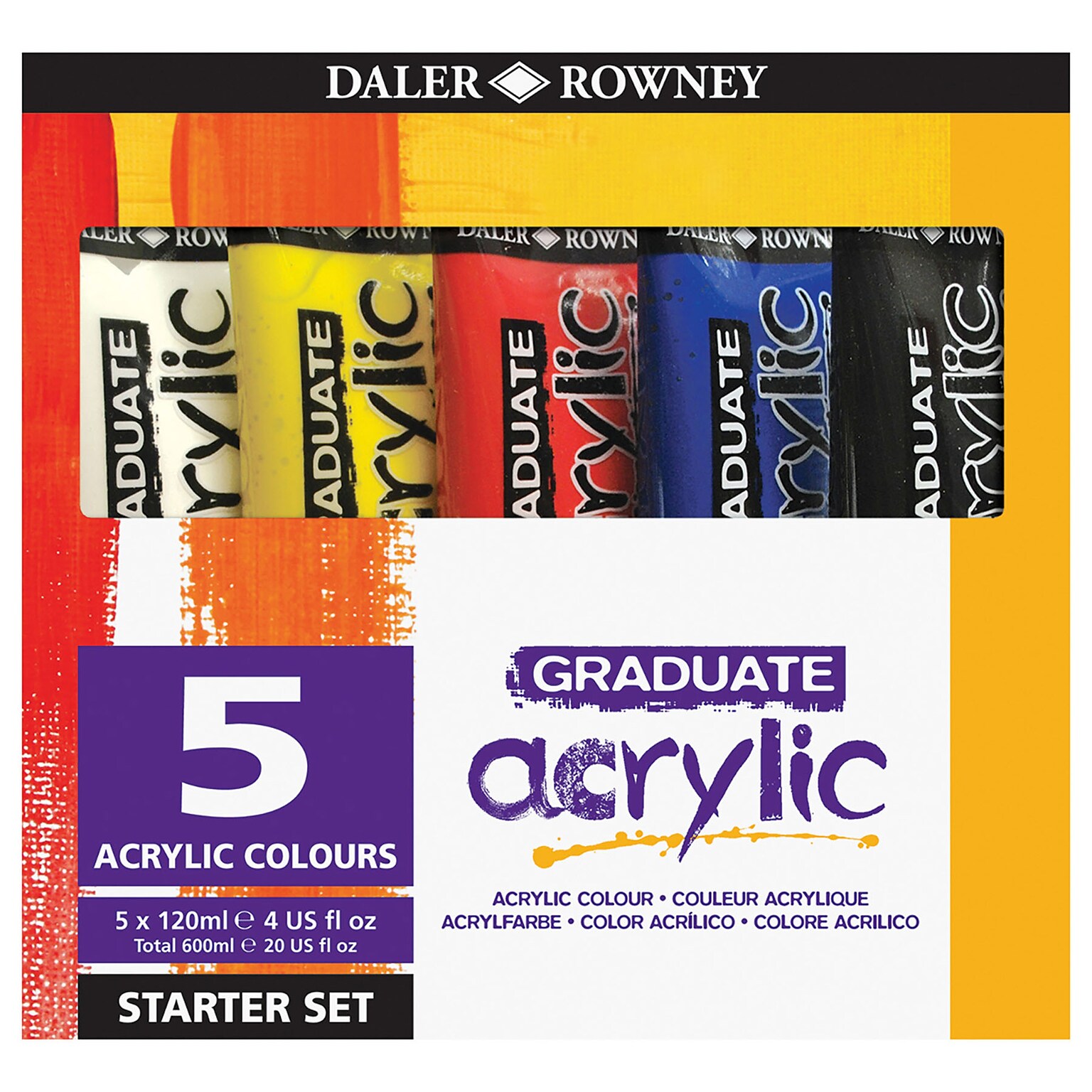 Daler-Rowney Graduate Acrylic Paint, Assorted Colors, 120ml, 5/Set (DRWD1239001003)