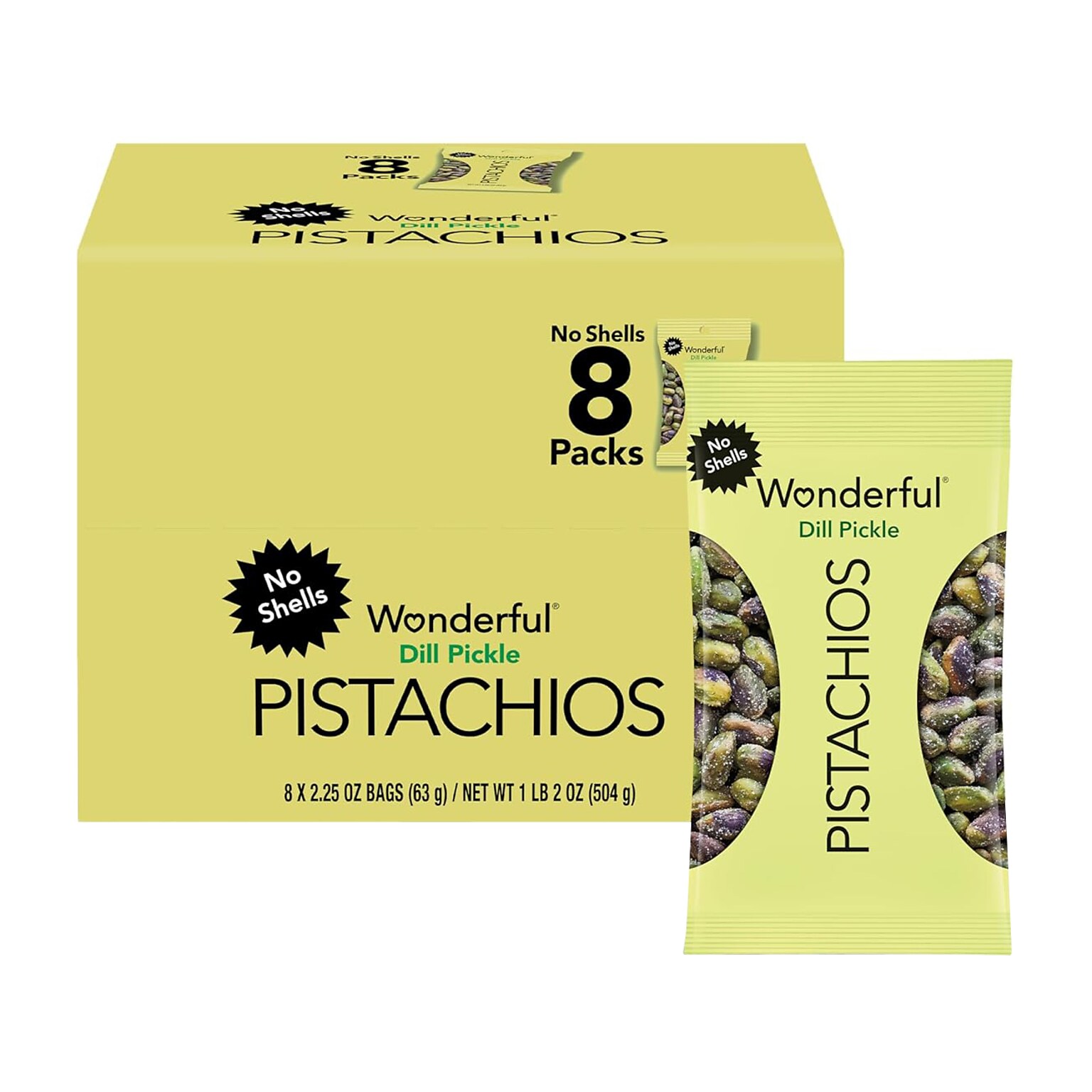 Wonderful Pistachios Salted Dill Pickle Pistachios, 2.25 oz., 8 Bags/Box (DP0146A25M)