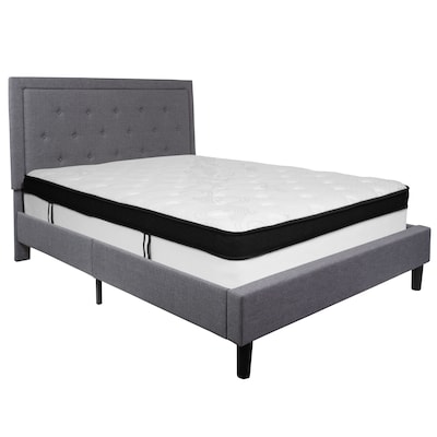 Flash Furniture Roxbury Tufted Upholstered Platform Bed in Light Gray Fabric with Memory Foam Mattre