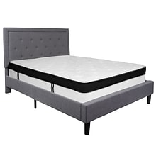 Flash Furniture Roxbury Tufted Upholstered Platform Bed in Light Gray Fabric with Memory Foam Mattre