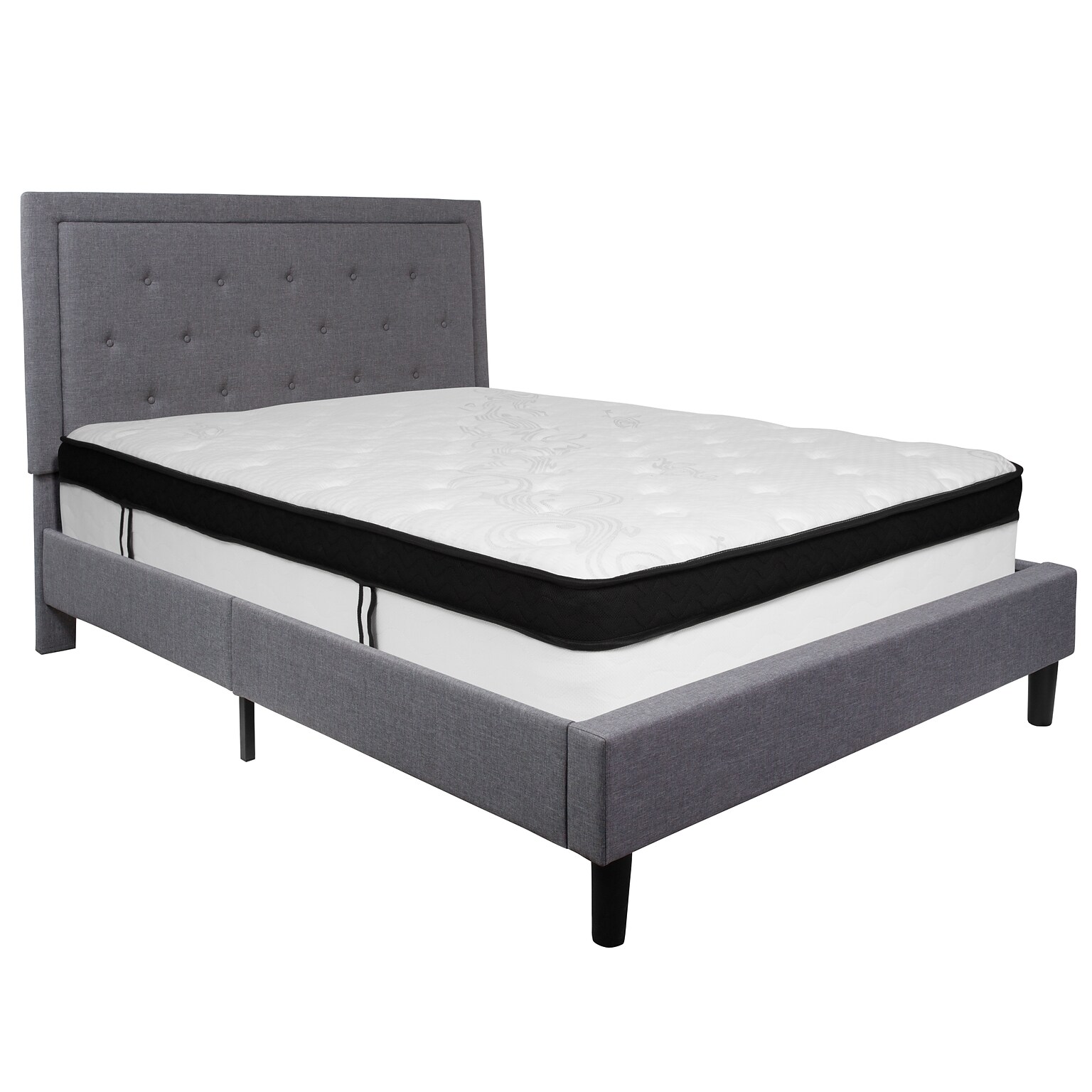 Flash Furniture Roxbury Tufted Upholstered Platform Bed in Light Gray Fabric with Memory Foam Mattress, Queen (SLBMF27)