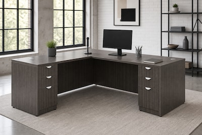 Boss Office Products 66"W L-Shaped Executive Corner Desk with Dual Box/Box/File Storage Pedestals, Driftwood (GROUPA21-DW)