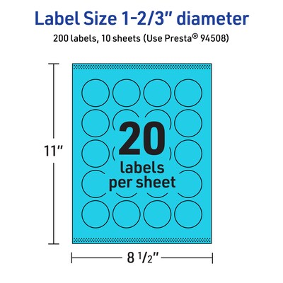 Avery Printable Circle Multipurpose Labels, 1-2/3" Dia., Bright Blue, 200/Pack (94508)