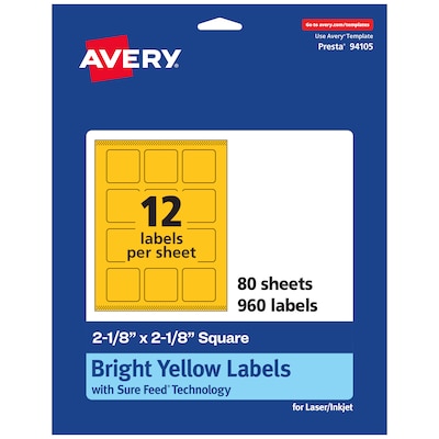 Avery Square Laser/Inkjet Multipurpose Labels, 2-1/8 x 2-1/8, Bright Yellow (960/Box)