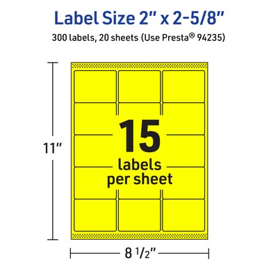 Avery Laser/Inkjet Rectangle Multipurpose Labels, 2" x 2-5/8", Neon Yellow, 300/Pack (94235)