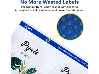 Avery Sure Feed Laser/Inkjet Round Labels, 3" Dia, Glossy White, 60 Labels/Pack (22891)