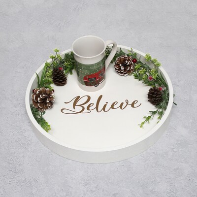 Elegant Designs "Believe" Decorative 13.75" Round Wood Serving Tray w/ Handles, White Wash (HG2013-WBV)