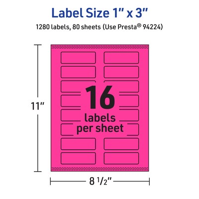 Avery Laser/Inkjet Rectangle Multipurpose Labels, 1" x 3", Neon Magenta, 1280/Box (94224)