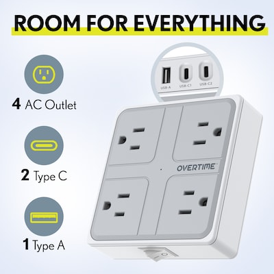 Overtime E63 7-in-1 Wall Outlet Surge Protector Extender with 4 AC Outlets, 2 USB-A & 1 USB-C Ports, White (OWPE63WH)