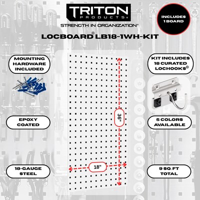 Triton Products LocBoard 18 x 36 x 9/16 Steel Square Hole Pegboard, 18 Assorted Hooks (LB18-1WH-KIT)