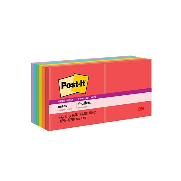 Post-it® Super Sticky Notes, 3 x 3, Playful Primaries Collection, 90 Sheets/Pad, 12 Pads/Pack (654-12SSAN)