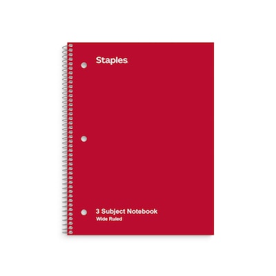 Staples 3-Subject Notebook, 8 x 10.5, Wide Ruled, 120 Sheets, Assorted Colors, 3/Pack (TR11669)