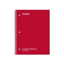 Staples 3-Subject Notebook, 8 x 10.5, Wide Ruled, 120 Sheets, Assorted Colors, 3/Pack (TR11669)