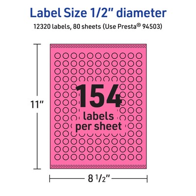 Avery Laser/Inkjet Round Multipurpose Labels, Bright Pink, 154 Labels/Sheet, 80 Sheets/Pack (94503-BPP80)