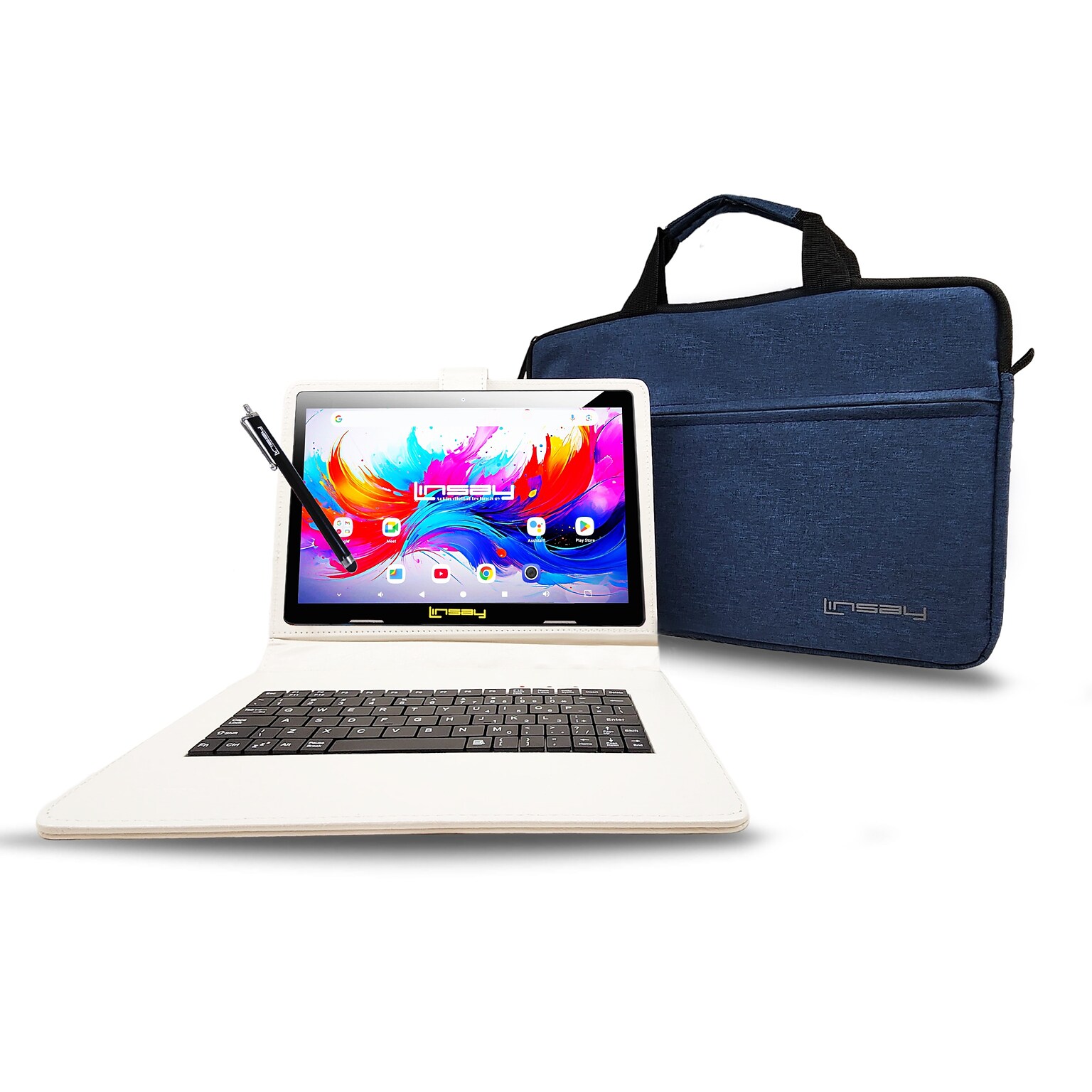 Linsay F10 Series 10.1 Tablet, Wi-Fi, Octa Core, 256GB eMMC, Android 15, with White Unique Oracle Keyboard Case & Briefcase