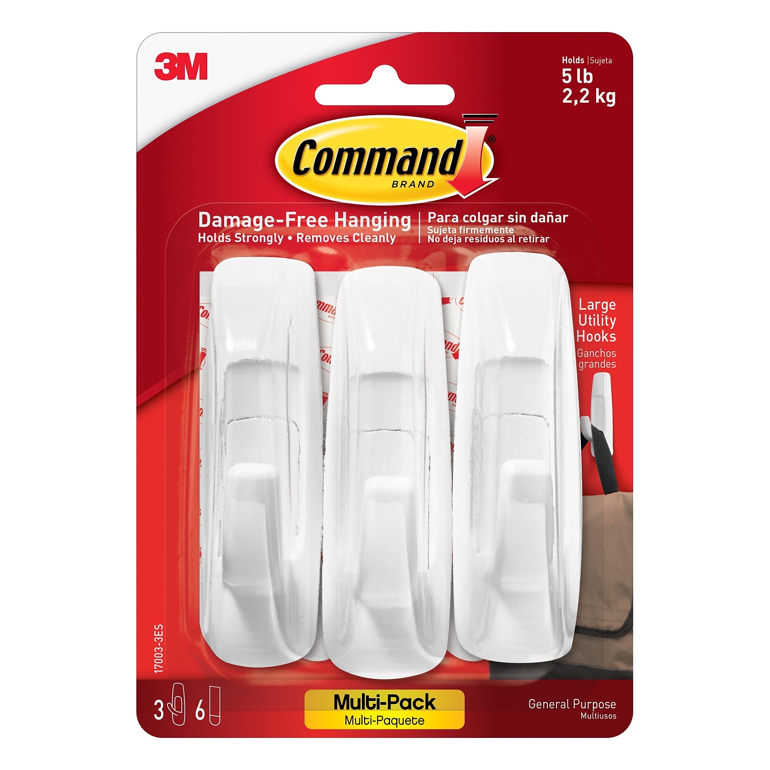 Command Large Utility Hooks, White, Damage Free Hanging of Dorm Room Decorations, 3 Command Hooks, 6 Command Strips (17003-3ES)