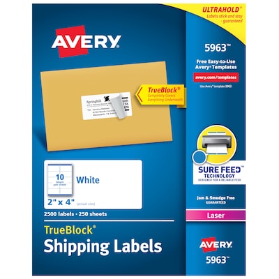 Avery TrueBlock Laser Shipping Labels, 2 x 4, White, 10 Labels/Sheet, 250 Sheets/Box (5963)