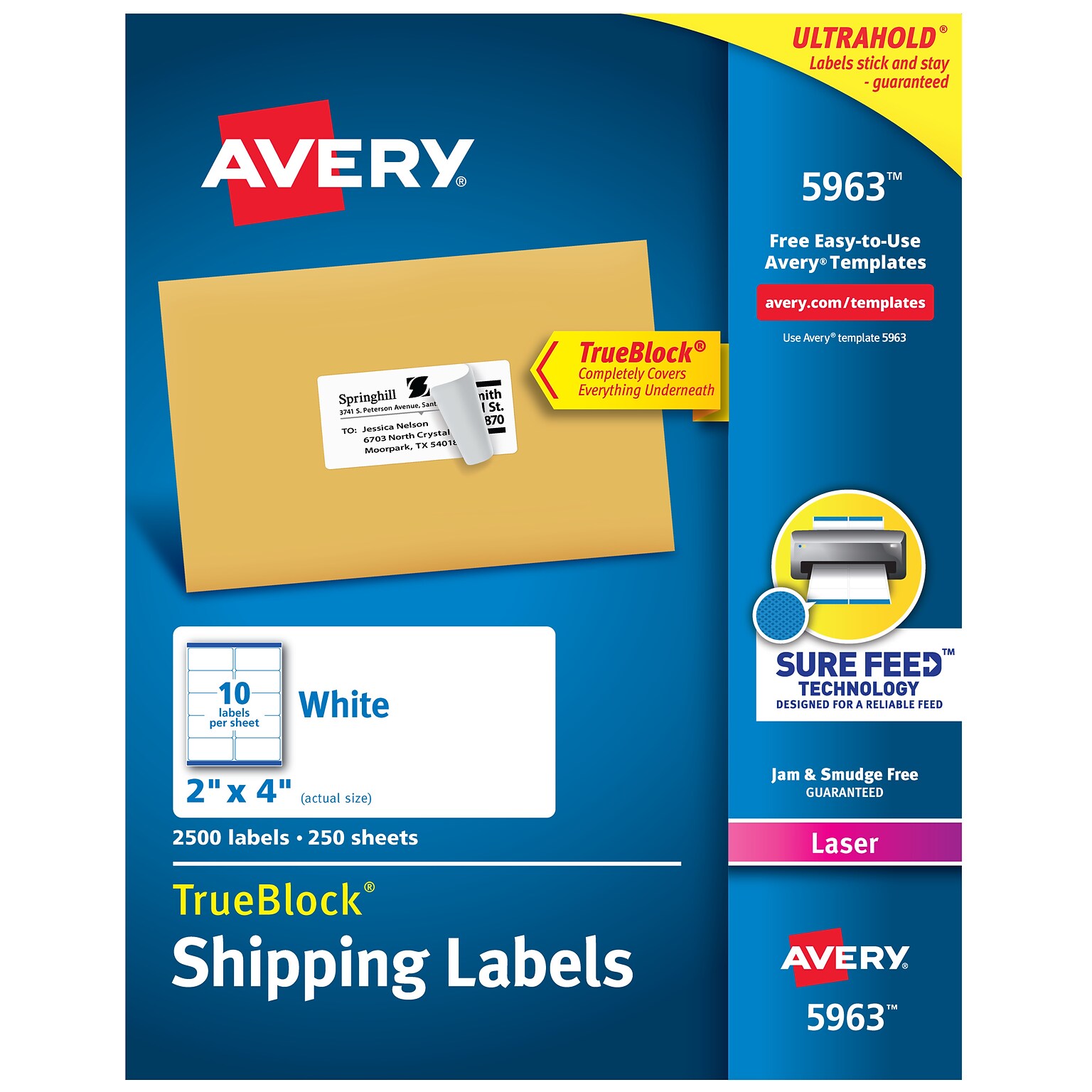 Avery TrueBlock Laser Shipping Labels, 2 x 4, White, 2,500 Labels/Box (5963)