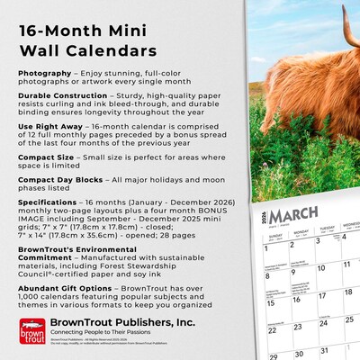 2026 BrownTrout Highland Cows 7" x 7" Monthly Wall Calendar (9798330703623)