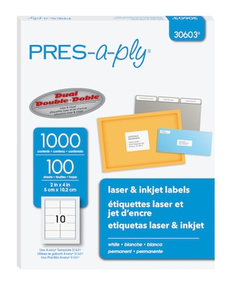 PRES-a-ply Laser/Inkjet Shipping Labels, 2 x 4, White, 10 Labels/Sheet, 100 Sheets/Box (30603)