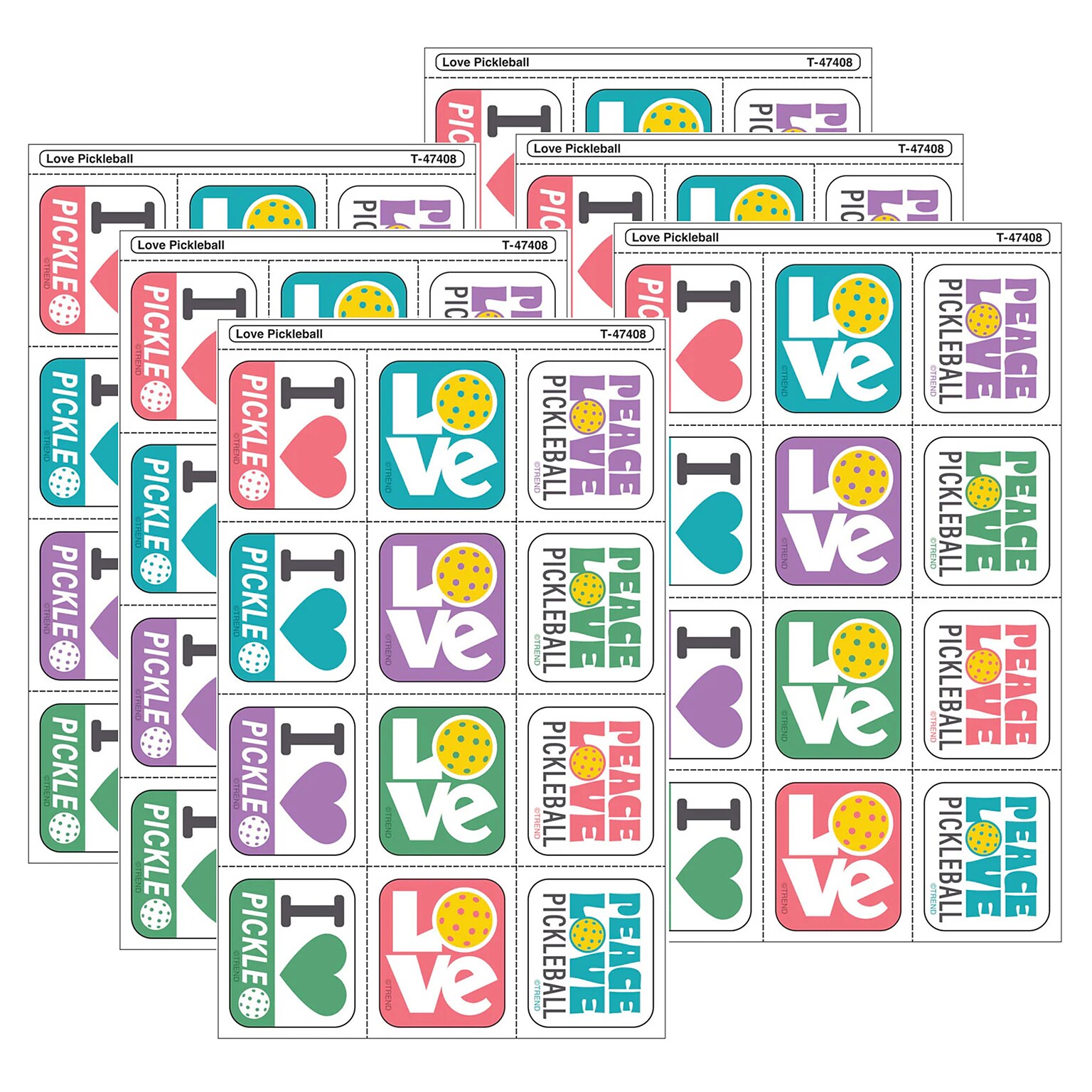 Trend Enterprises Love Pickleball Tear & Share Stickers, Multicolored, 60/Pack, 6/Packs/Bundle (T-47408-6)