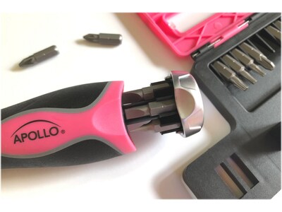 Apollo Tools 13-in-1 Ratcheting Screwdriver with Bit Set, Pink/Black (DT5021P)