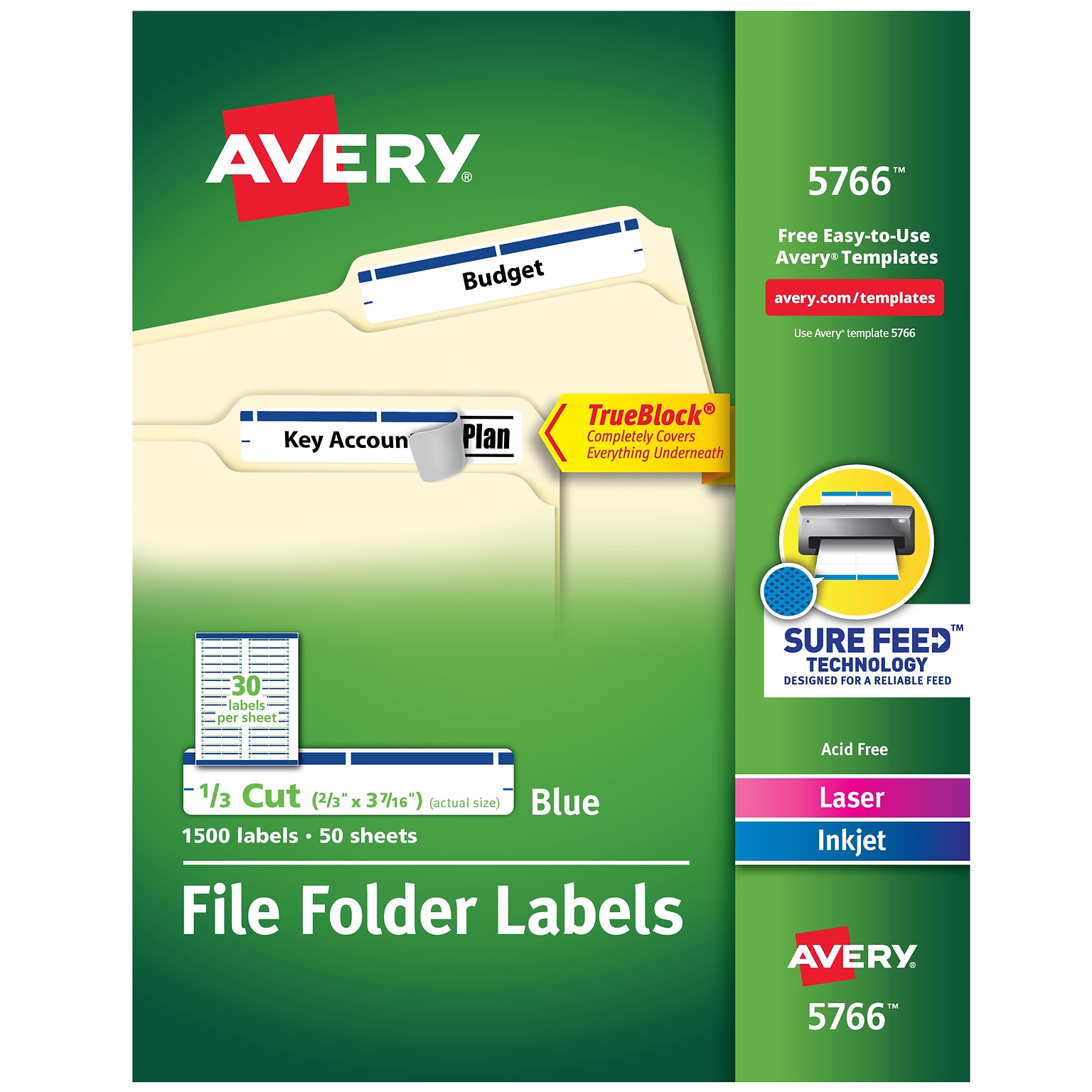 Avery TrueBlock Laser/Inkjet File Folder Labels, 2/3 x 3 7/16, Blue, 1500 Labels Per Pack (5766)