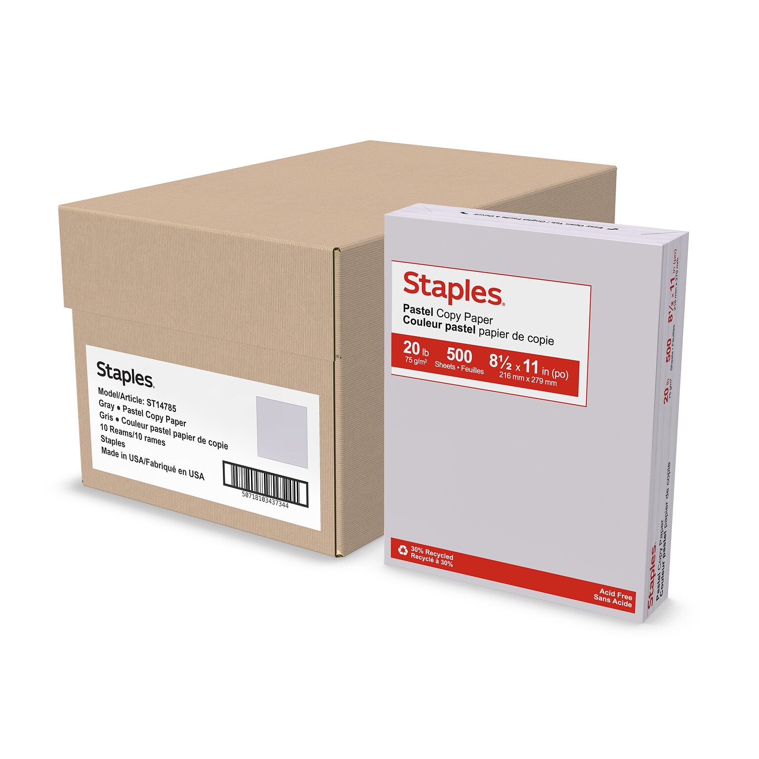 Staples Pastel 30% Recycled Color Copy Paper, 20 lbs., 8.5 x 11, Gray, 500 Sheets/Ream, 10 Reams/Carton (073050CT)