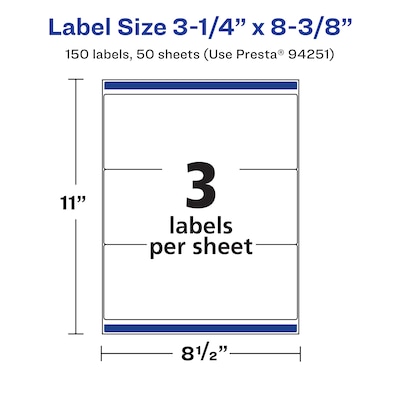 Avery Laser/Inkjet Multipurpose Labels, 8.375"  x 3.25", Matte White, 150/Box (94251)