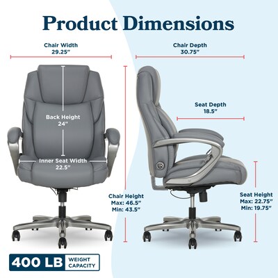 La-Z-Boy Niall AIR Lumbar Pro+ Ergonomic Vegan Leather Executive Big & Tall Chair, 400 lb. Capacity, Cool Gray (60114-CGRY)