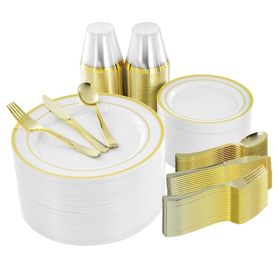 Elama Round Plastic Dinnerware Set, White/Gold, 600 Pieces (935124342M)