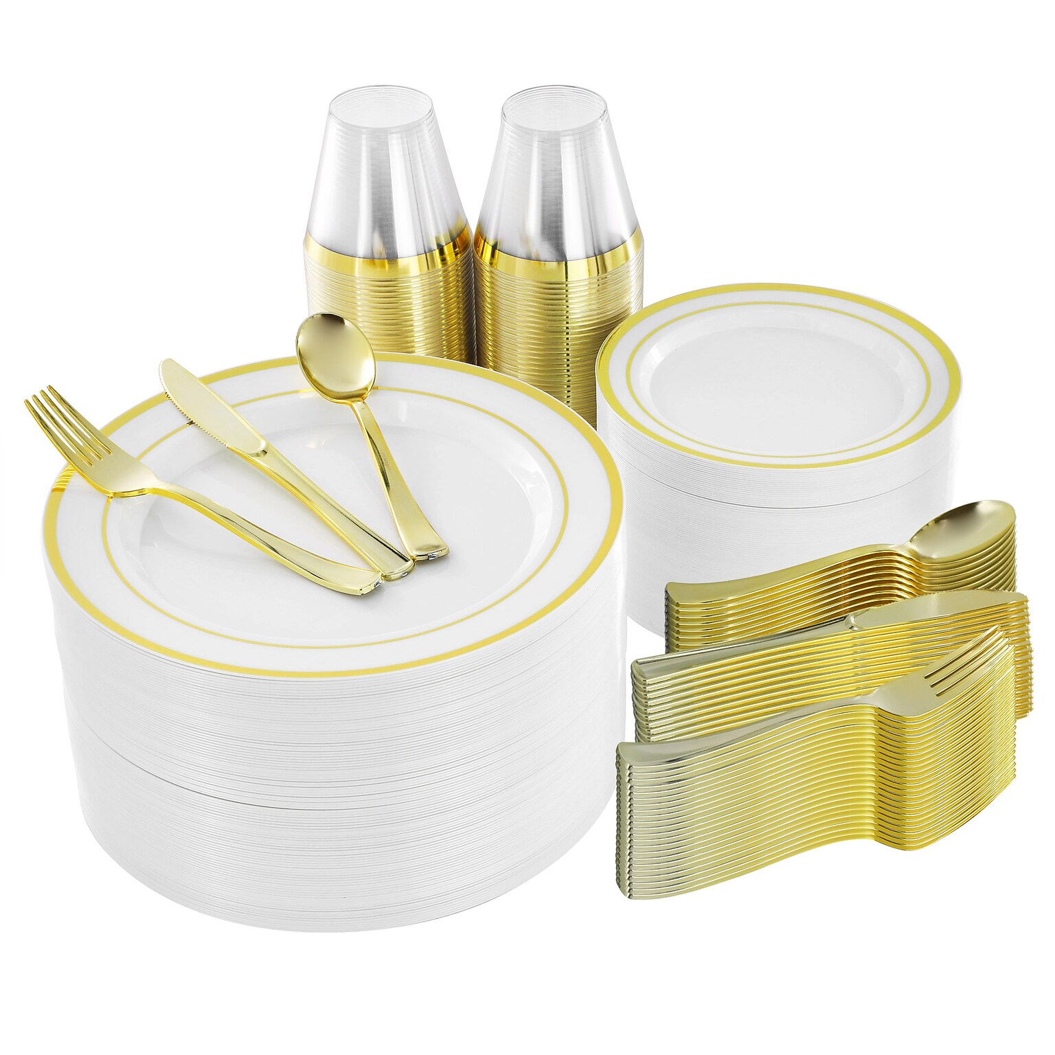 Elama Round Plastic Dinnerware Set, White/Gold, 600 Pieces (935124342M)