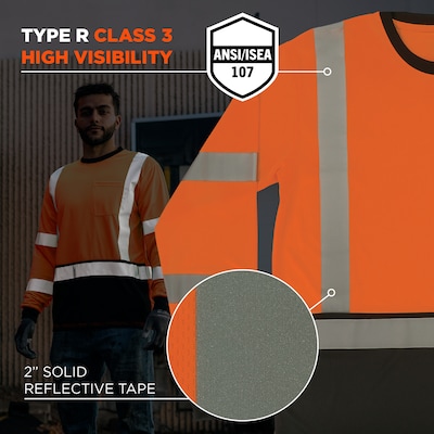 Ergodyne GloWear 8369BK High Visibility Long Sleeve Black Bottom T-Shirt, ANSI Type R Class 3, Orange, Large (22224)